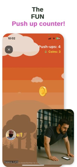 iPhone showing Trainii's main screen with push-up counting interface and coin collection game elements
